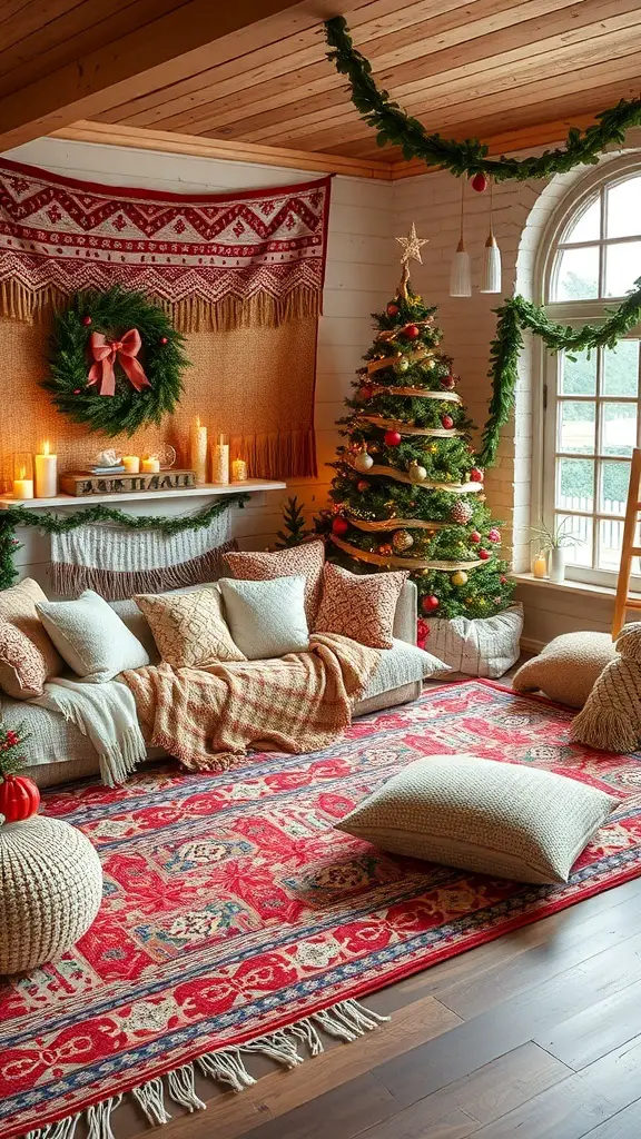 Cozy living room with layered textiles, a decorated Christmas tree, and festive decor.