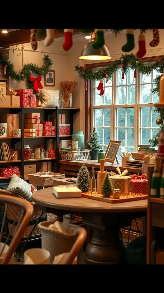 25+ Unique Christmas Boutique Ideas for Your Holiday Shopping 13 A cozy craft workshop decorated for Christmas, featuring two people creating holiday crafts.