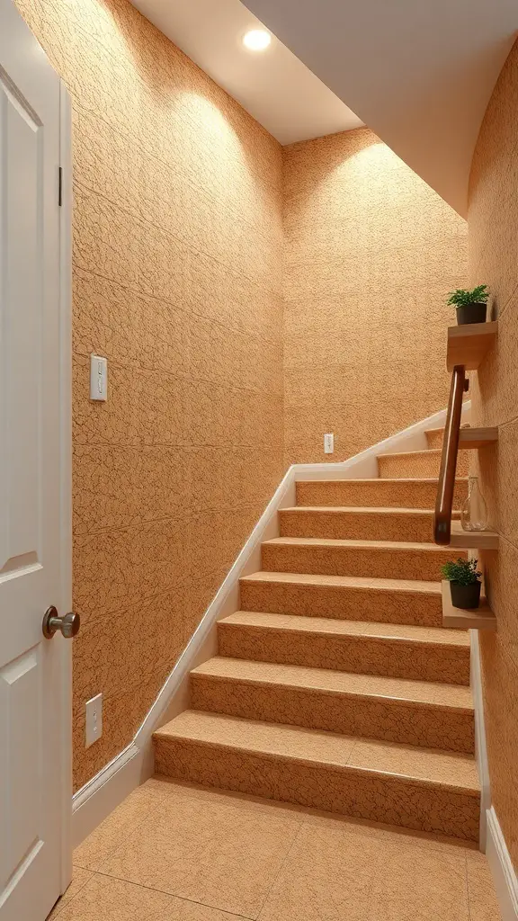 A staircase with cork wall panels, featuring warm tones and a small plant on a shelf.