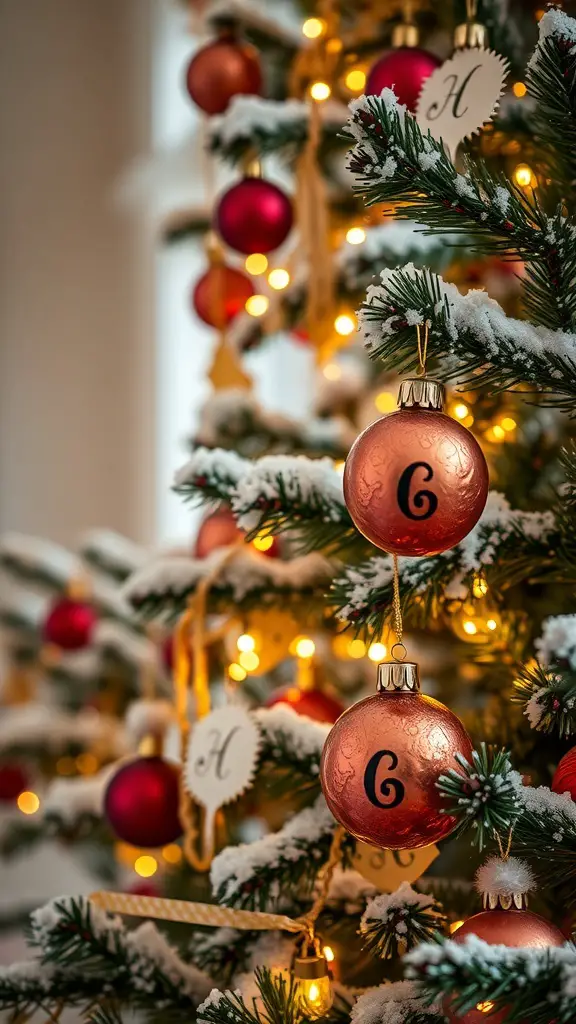 Close-up of a Christmas tree decorated with vintage glass baubles and warm lights.