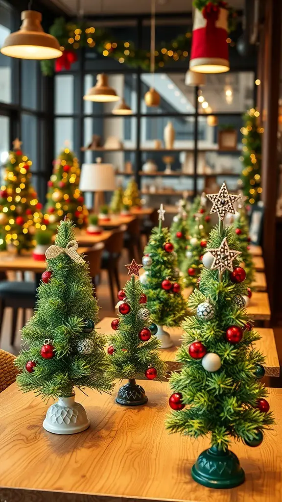 25+ Festive Cafe Christmas Decoration Ideas 16 A cozy cafe decorated with miniature Christmas trees on tables, creating a festive atmosphere.