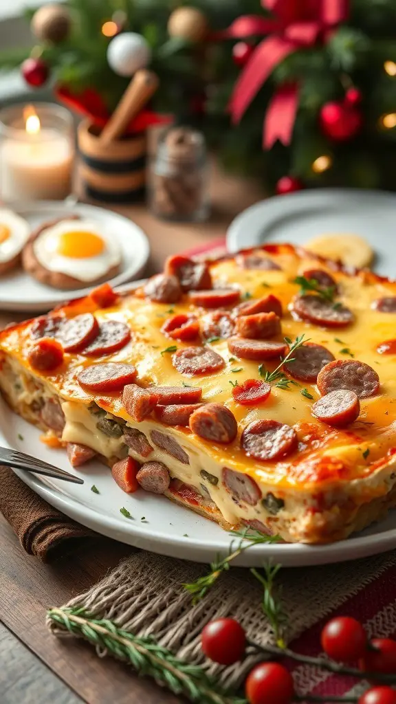 A delicious sausage and cheese breakfast strata served on a plate, surrounded by festive decorations.