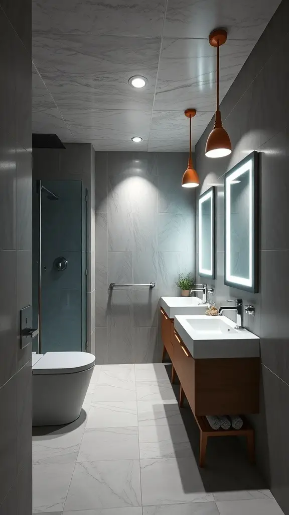 Modern basement bathroom with creative lighting solutions including pendant lights and recessed lighting.