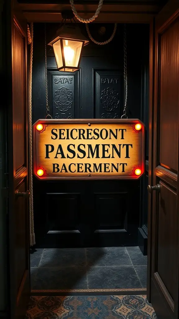 A stylish entrance with a vintage sign reading 'Seicresont Passment Bacernment' illuminated by a lantern.