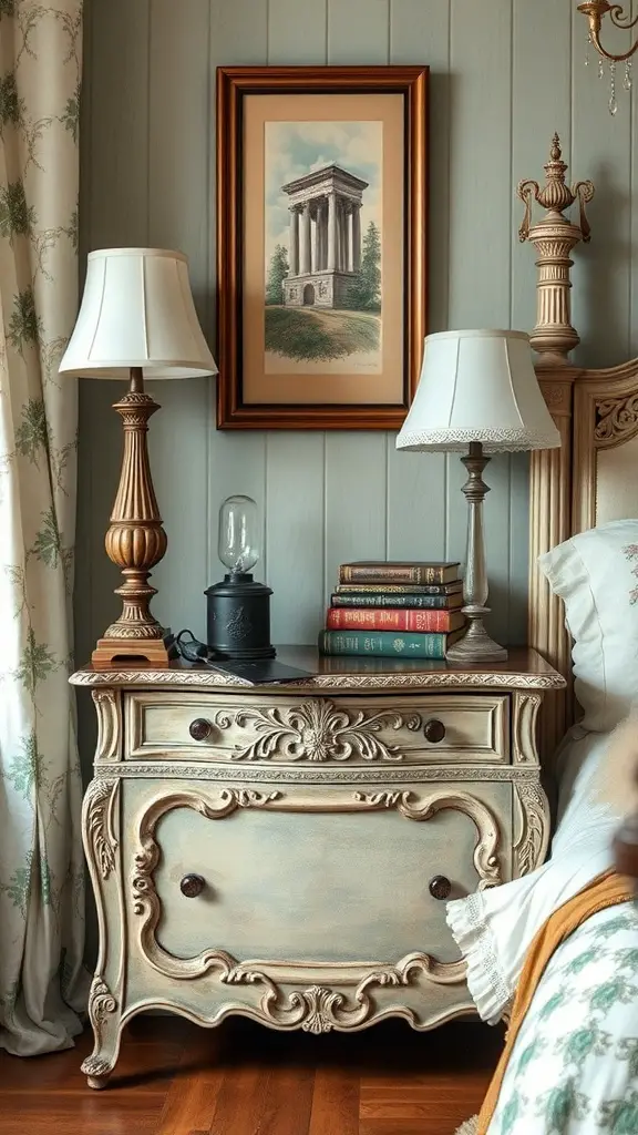 27+ Creative Bedside Table Ideas to Transform Your Bedroom 5 A vintage-inspired nightstand with ornate carvings, two lamps, and books on top.