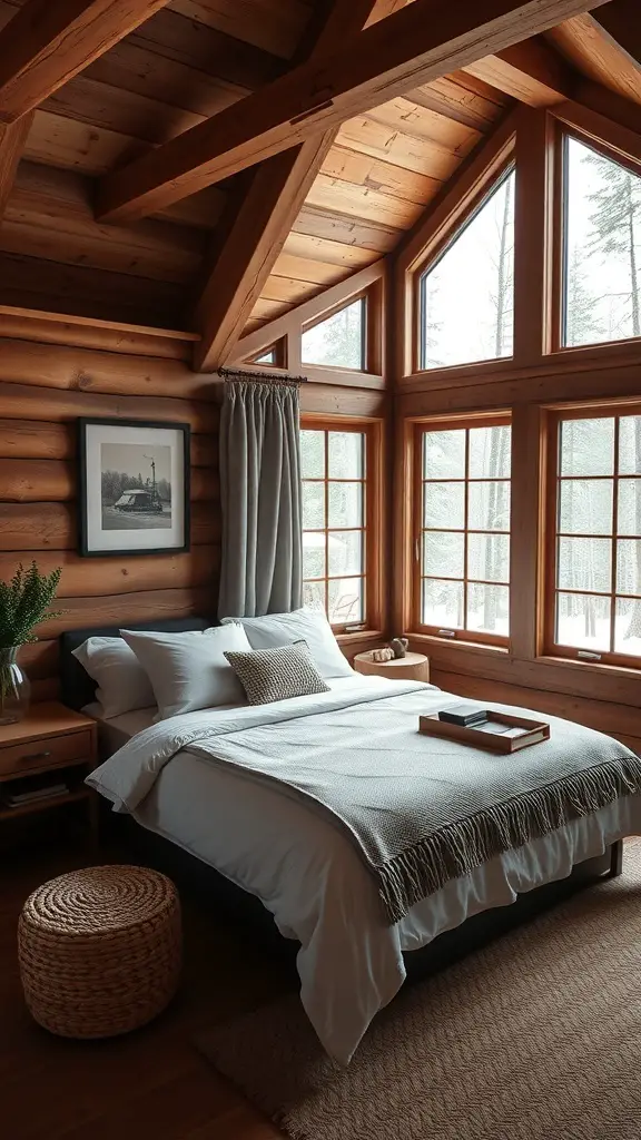 Cozy cabin bedroom with wooden walls, large windows, and a comfortable bed.
