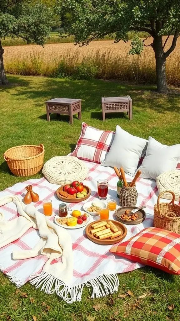 23+ Unique Boho Baby Shower Ideas You’ll Love 12 A cozy outdoor picnic setup with a blanket, pillows, and a variety of snacks and drinks.