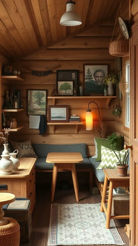 Cozy interior of a tiny cabin with wooden walls, nature-themed art, and handcrafted decor.
