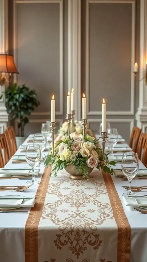 29+ Gorgeous Dollar Tree Centerpieces You Can Create for Any Occasion 14 A beautifully set dining table with a patterned table runner, floral centerpiece, and lit candles.