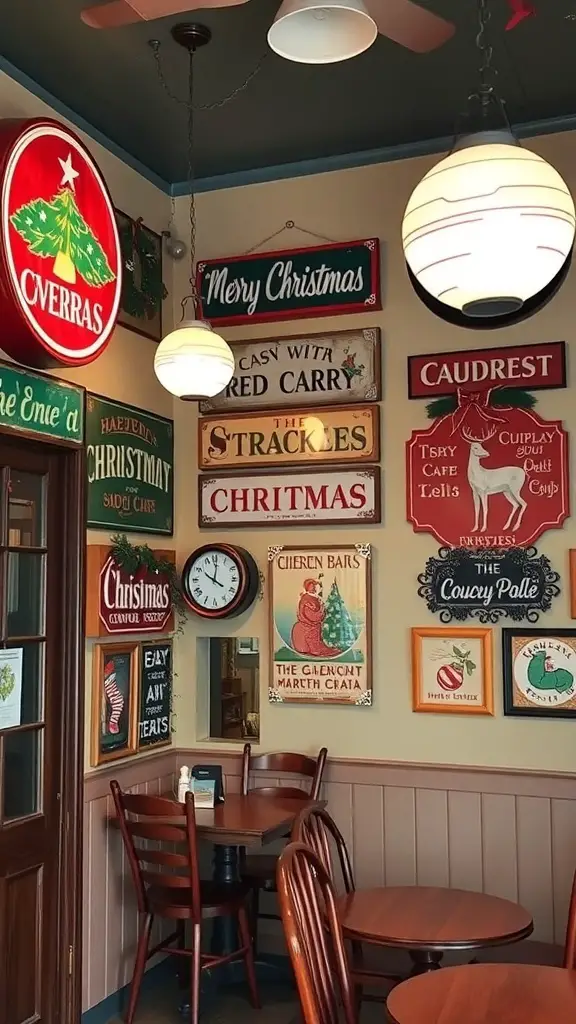 25+ Festive Cafe Christmas Decoration Ideas 4 A cozy cafe interior decorated with vintage Christmas signs and warm lighting.