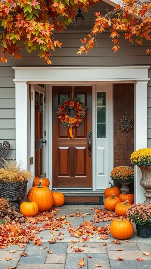 27+ Creative Garage Entryway Ideas for a Stylish Welcome 9 A cozy autumn entryway with pumpkins, colorful leaves, and a wreath on the door.