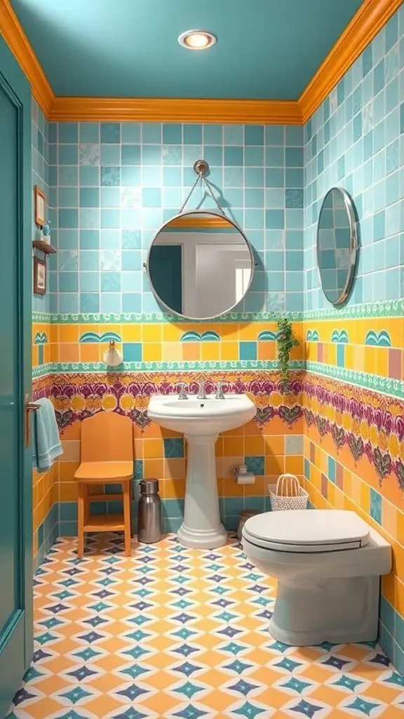 A colorful bathroom with blue and orange tiles, featuring geometric patterns on the floor.