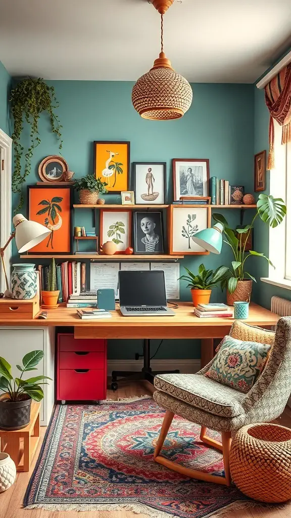 23+ Boho Office Decor Ideas for a Stylish Workspace 10 A cozy boho office with colorful walls, plants, and a stylish desk.