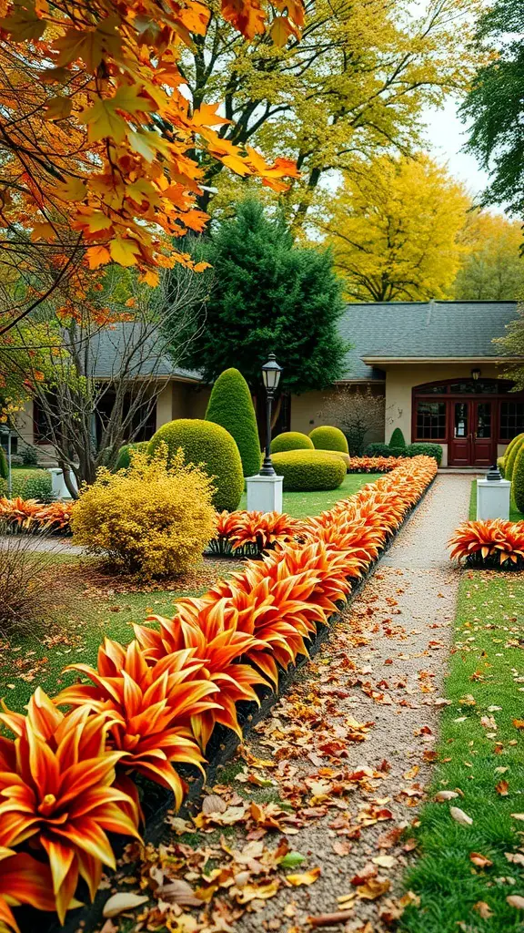 29+ Stunning Garden Border Ideas to Transform Your Outdoor Space 11 A beautifully landscaped garden border featuring vibrant orange and yellow flowers, surrounded by autumn foliage.