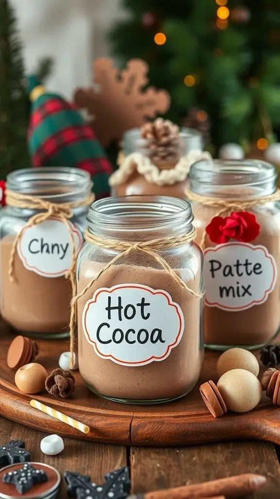 23+ Budget-Friendly Dollar Tree Hot Cocoa Bar Ideas 8 Jars of hot cocoa mix with labels, decorated for a cozy holiday setting.