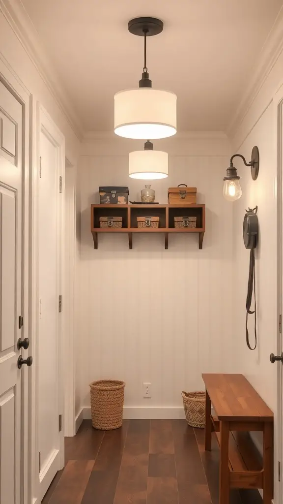 29+ Creative DIY Garage Mudroom Ideas You’ll Love 14 A stylish mudroom with pendant lights and wall sconces, featuring wooden shelves and a bench.