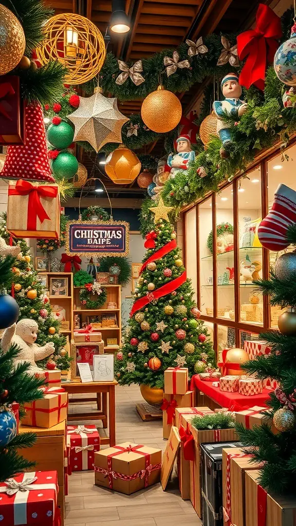 27+ Stunning Christmas Shop Decorations You Need This Season 10 A festive Christmas shop filled with decorated trees, colorful ornaments, and wrapped gifts.