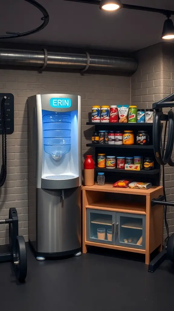 A basement gym refreshment station with a water cooler and snack shelf.