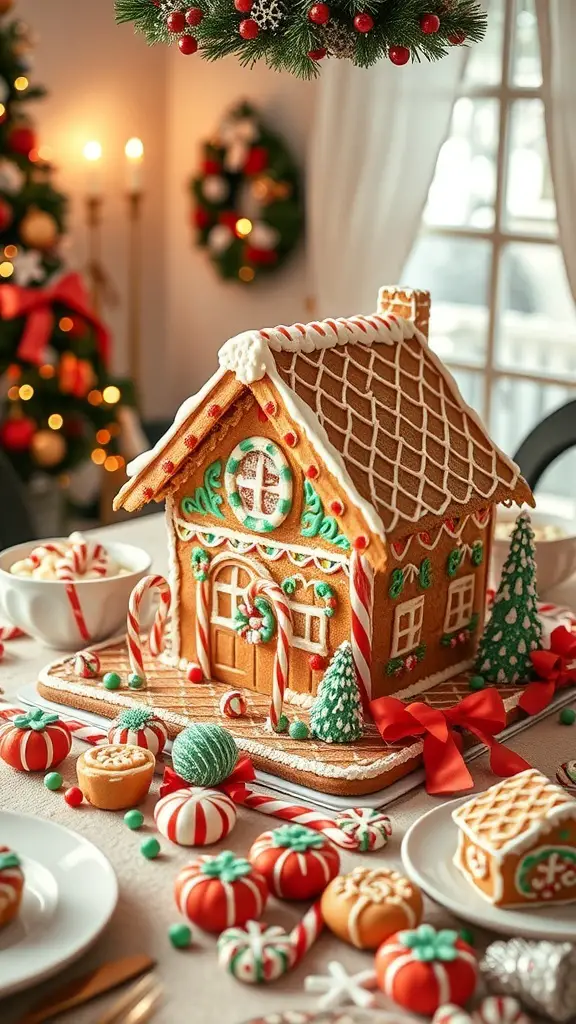 25+ Stunning Christmas Food Table Displays for Your Holiday Feast 9 A beautifully decorated gingerbread house centerpiece on a Christmas food table, surrounded by festive candies and treats.