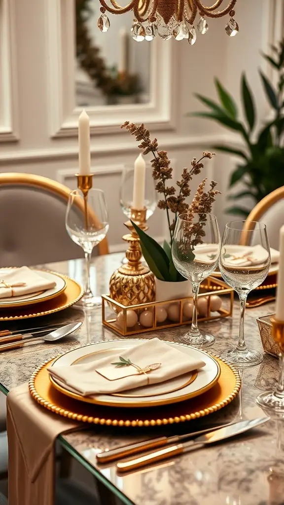 25+ Stunning Thanksgiving Table Settings to Elevate Your Holiday Feast 12 Thanksgiving table setting with chic metallic accents, featuring gold chargers, elegant glassware, and neatly folded napkins.