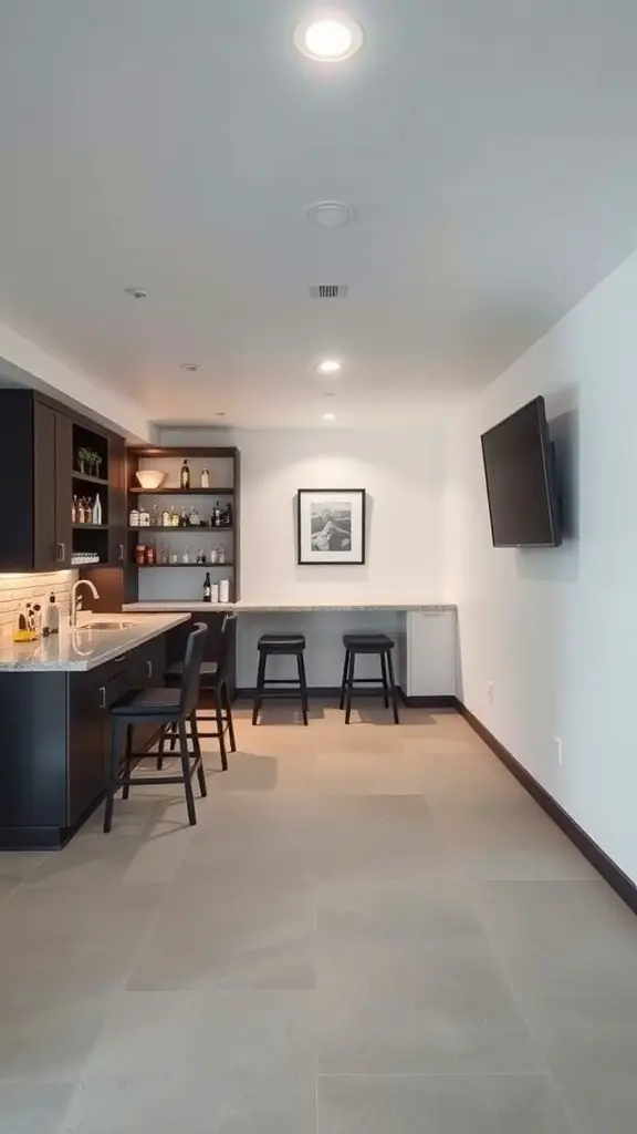 Minimalist basement bar with a TV, featuring a sleek countertop and organized beverage shelf.