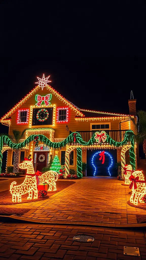 A house decorated with bright Christmas lights, featuring glowing dog figures and festive wreaths.