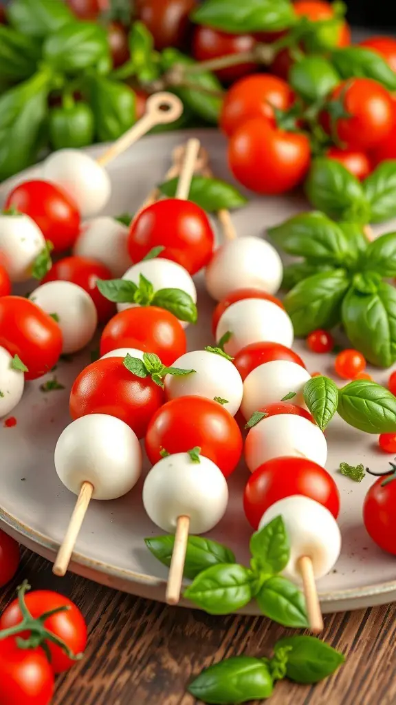 Mini Caprese skewers with cherry tomatoes, mozzarella balls, and basil leaves on a plate.