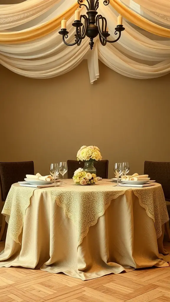 29+ Stunning Dining Room Table Decor Ideas 10 Elegant dining room table with a golden tablecloth, floral centerpiece, and chandelier.