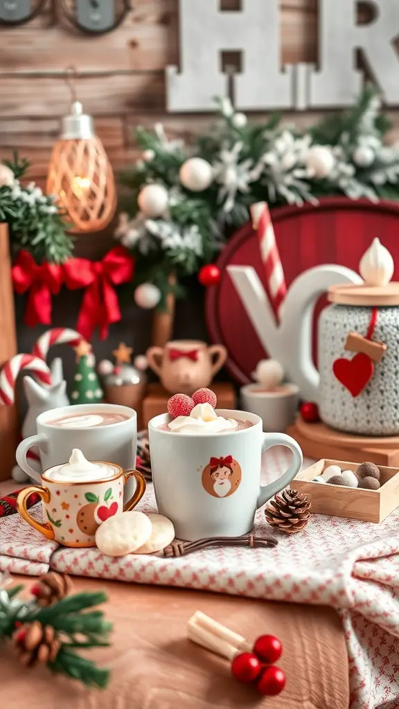 29+ Creative Hot Cocoa Bar Ideas for Cozy Gatherings 15 A festive hot cocoa bar with decorated mugs, toppings, and holiday decorations.
