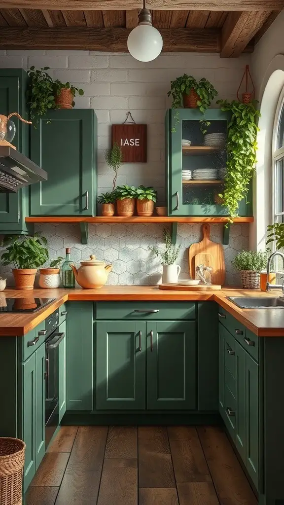 27+ Stunning Green Rustic Kitchen Cabinets for a Charming Makeover 2 A cozy kitchen featuring green rustic cabinets, wooden countertops, and various plants.