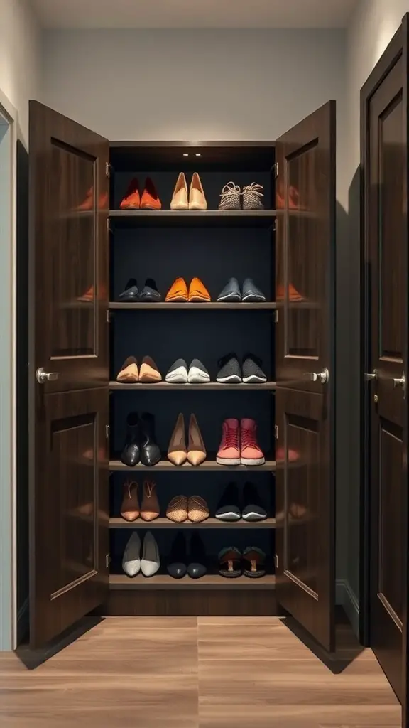 Stylish shoe cabinet with various shoes organized on shelves