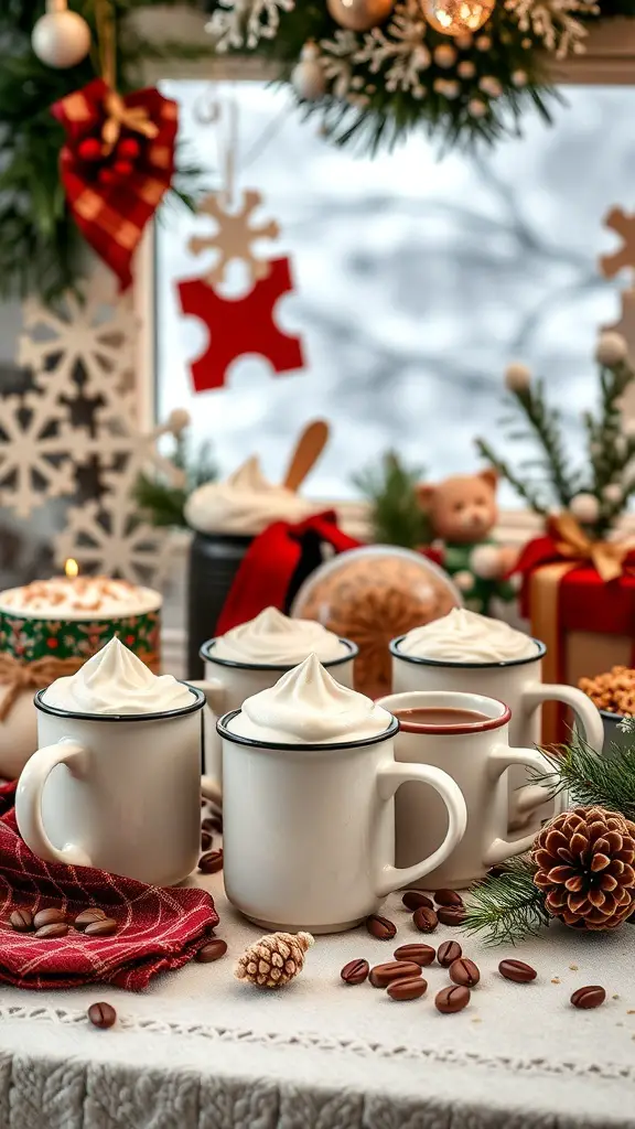 A cozy hot chocolate bar with mugs, whipped cream, and festive toppings