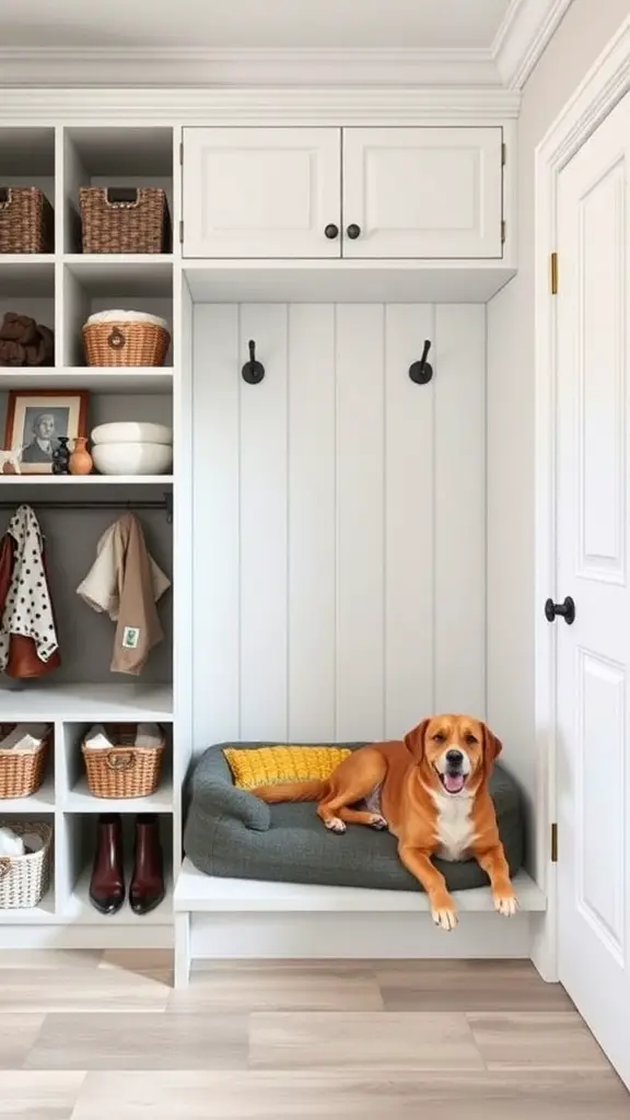A mudroom locker with a cozy dog bed and organized storage for shoes and bags.