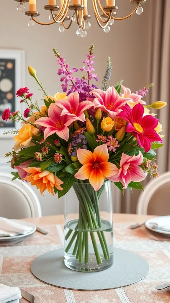 29+ Gorgeous Dollar Tree Centerpieces You Can Create for Any Occasion 7 A vibrant floral arrangement featuring colorful lilies and other flowers in a clear vase on a dining table.