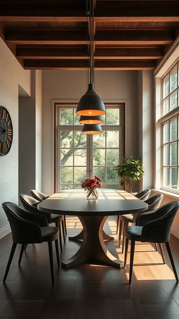 A modern oval dining table with stylish chairs, pendant lights, and large windows allowing natural light.