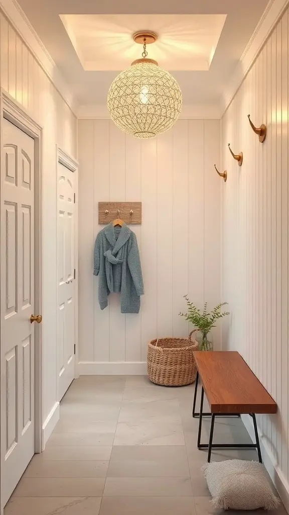 25+ Stylish Mudroom Lighting Ideas to Illuminate Your Space 12 A stylish mudroom featuring an artistic orb-shaped pendant light, white walls, and a wooden bench.