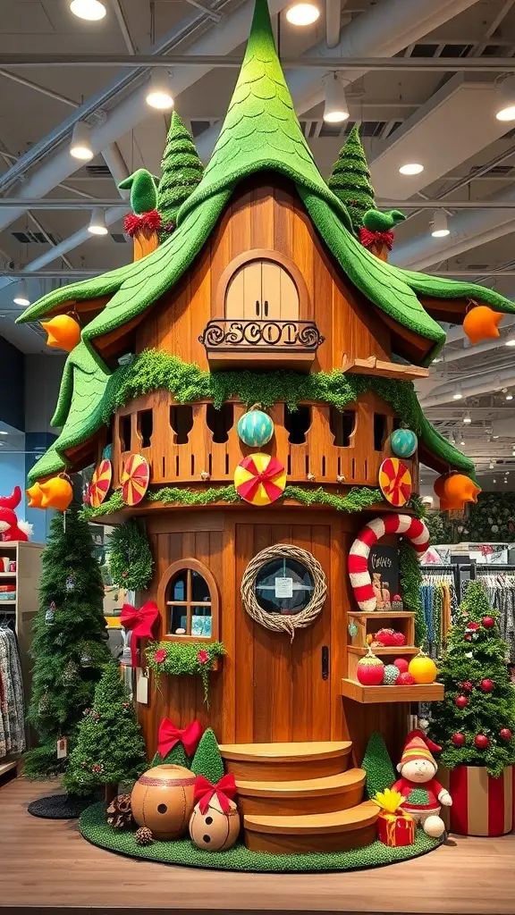 25+ Festive Christmas Store Displays to Inspire Your Retail Space 15 A whimsical treehouse display decorated for Christmas with colorful ornaments and small trees.