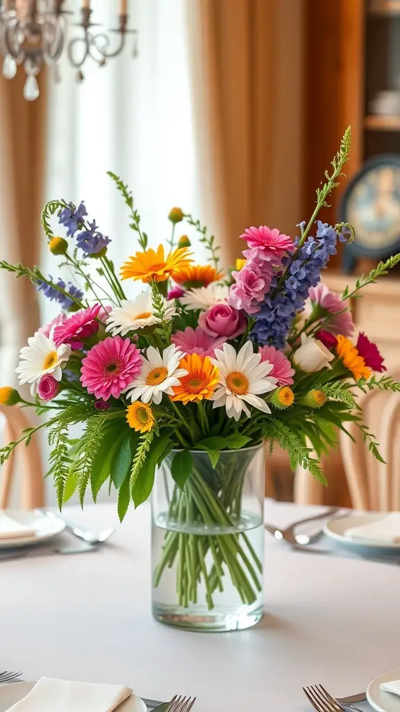 23+ Stunning Table Centerpieces to Elevate Your Home Decor 4 A colorful floral arrangement featuring daisies, roses, and delphiniums in a clear glass vase.