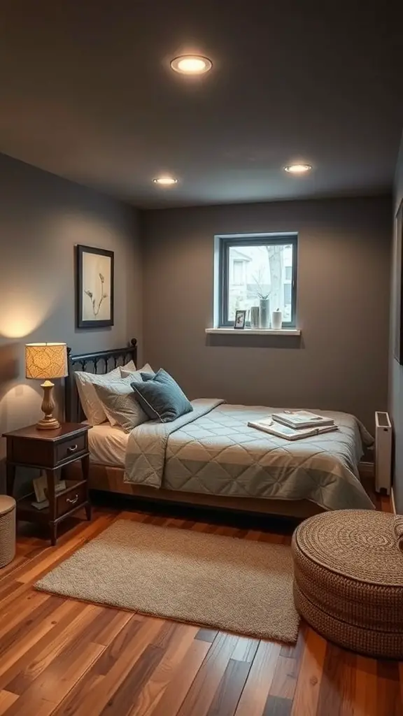 Cozy basement guest suite with a bed, nightstand, and window