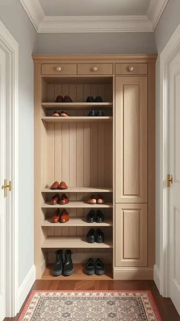 A stylish wooden shoe cabinet with multiple shelves and drawers, placed in an entryway.