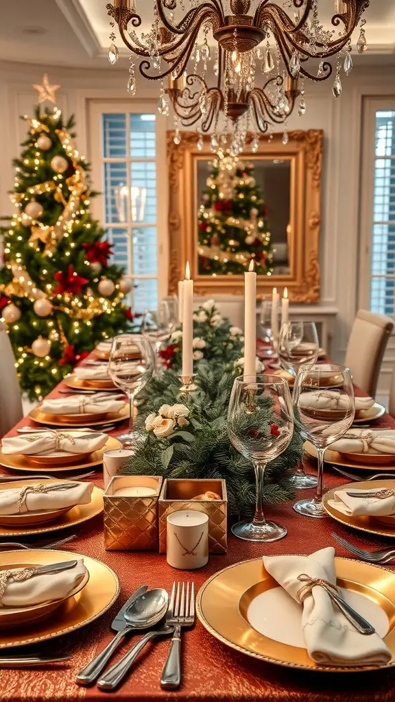 A beautifully set Christmas dinner table with gold accents, white napkins, candles, and a festive centerpiece.