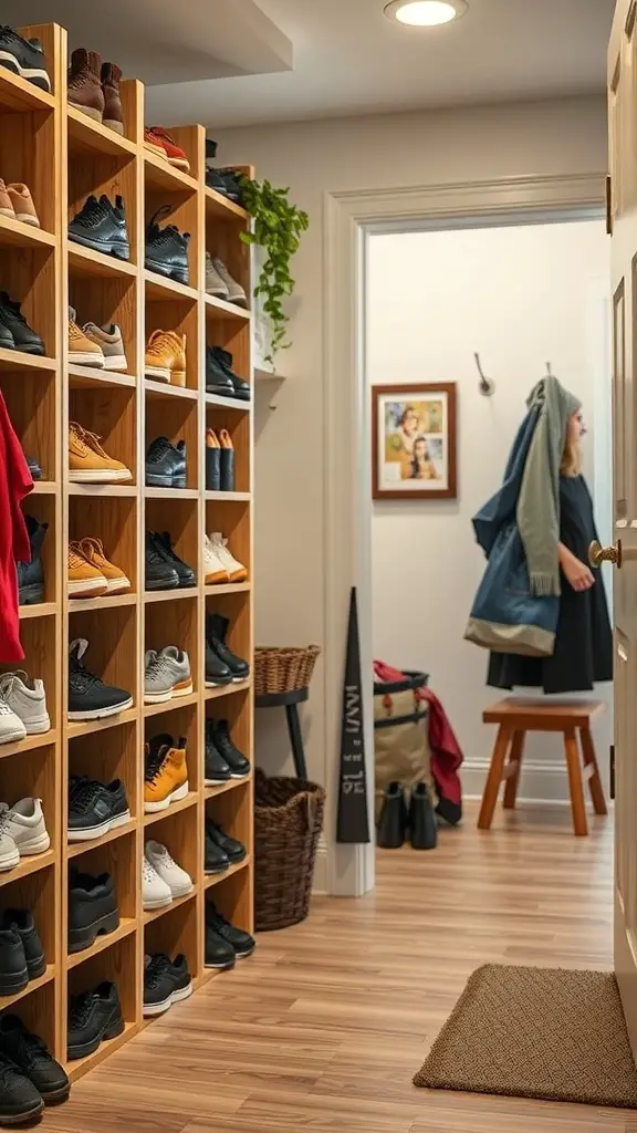 A shoe cubby system with various pairs of shoes organized neatly, showcasing a clean and tidy entryway.