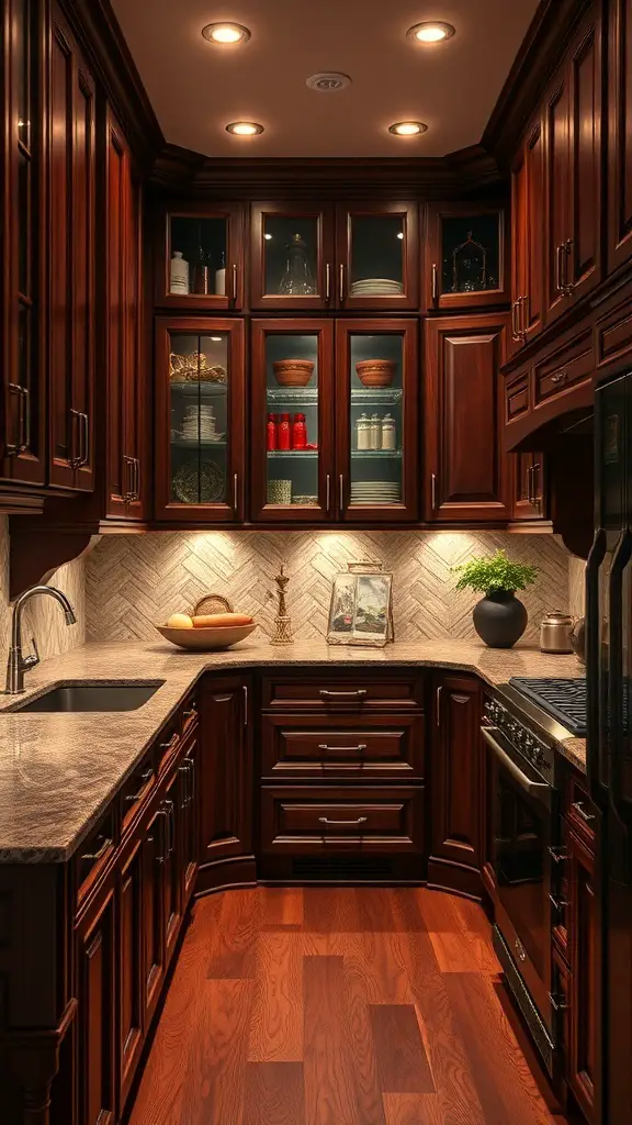 25+ Gorgeous Kitchen Cabinet Colors to Transform Your Space 11 A kitchen featuring rich mahogany cabinets with glass doors, granite countertops, and warm lighting.