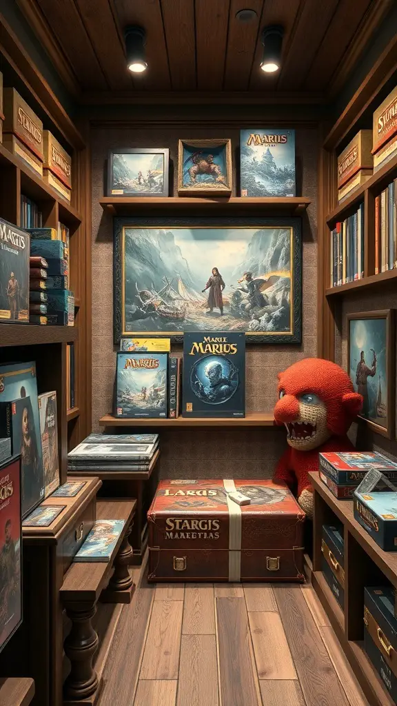A cozy storage space for board games featuring beautifully designed boxes, wooden shelves, and themed decor.