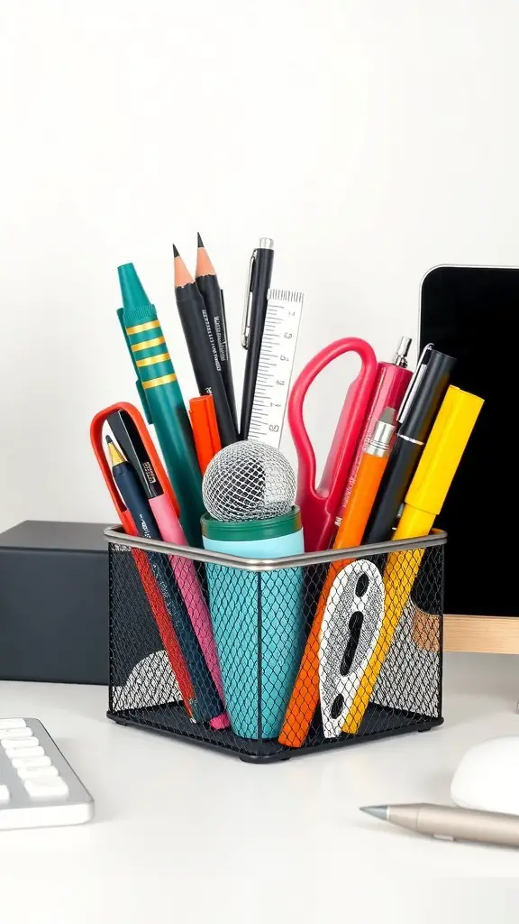 27+ Creative Dollar Tree Gifts for Your Coworkers 14 A black mesh desk organizer filled with various colorful pens, pencils, and office supplies.