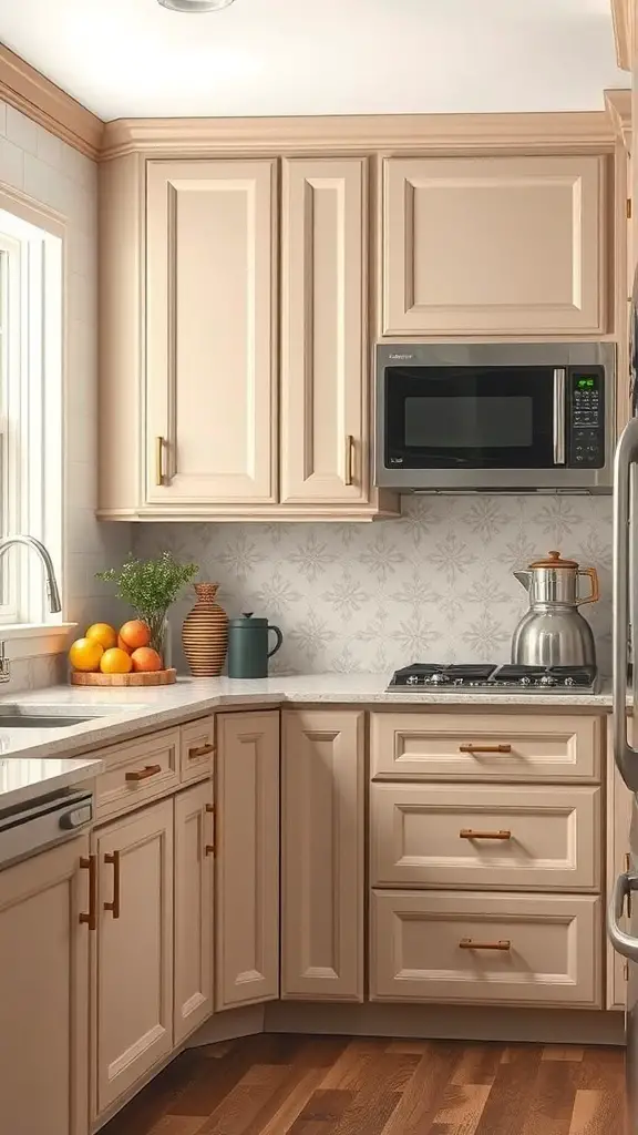 A kitchen featuring beige cabinets with unique gold hardware, a microwave, and a cozy countertop setup.