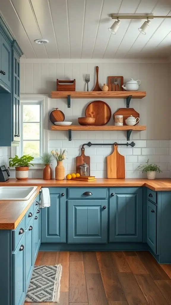 29+ Stunning Ideas for Blue Kitchen Cabinets 15 A cozy farmhouse kitchen featuring blue cabinets, wooden countertops, and open shelves with dishware.