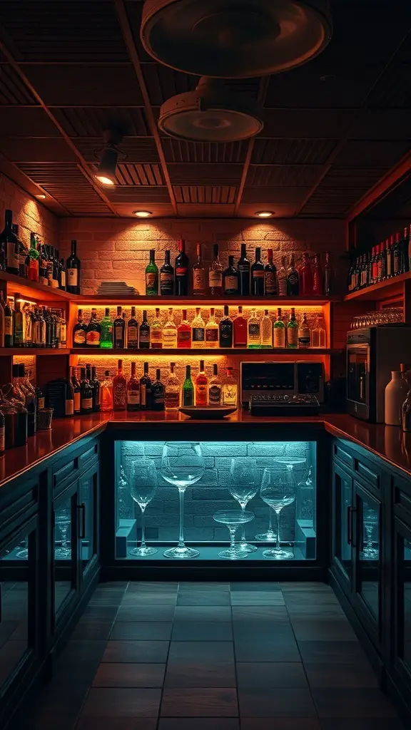 A basement bar area with under-shelf lighting showcasing various bottles and glassware.