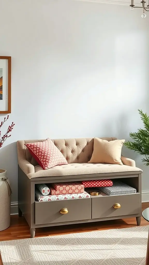 A stylish storage bench with wrapping paper neatly organized underneath.