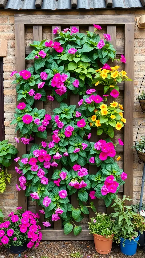 A vertical garden on a trellis with pink and yellow flowers, surrounded by potted plants.
